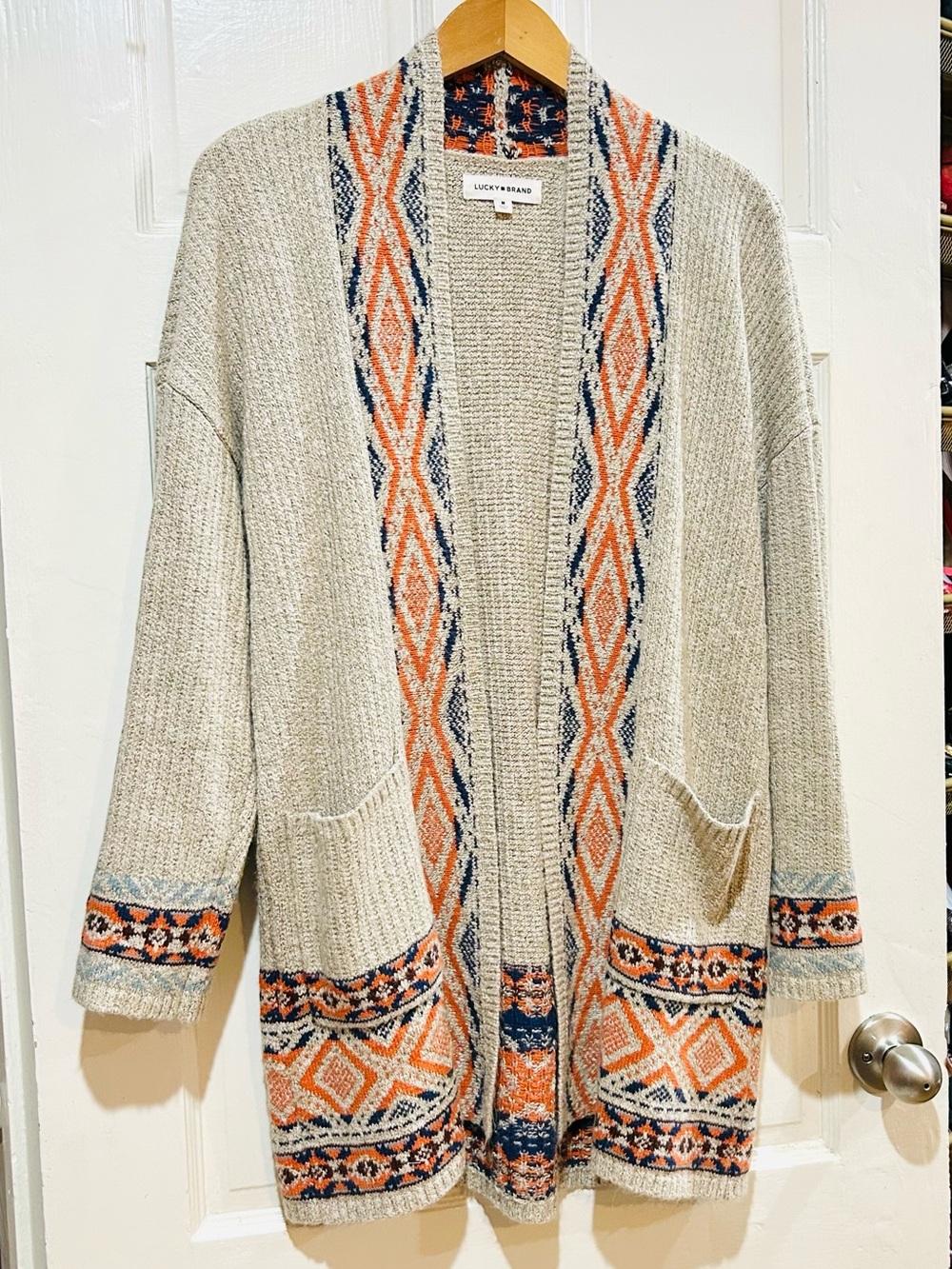 Lucky Brand Beige Orange Blue Aztec Tribal Print Duster Cardigan Cotton Size S